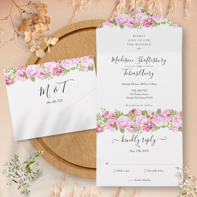 Pink Peony Floral Elegant Script Monogram Wedding All In One Invitation (Pink Peony Floral Elegant Script Monogram Wedding All In One Invitation)