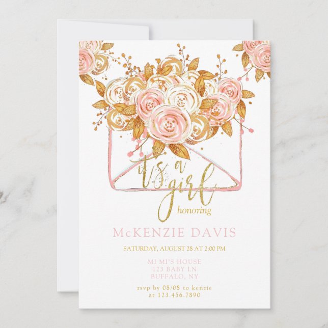 Pink Peony Floral Envelope Girl Baby Shower Invitation (Front)
