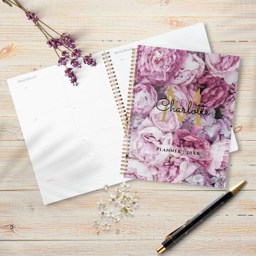 Pink Peony Floral Gold Monogram Script 2023 Planner