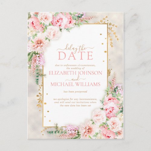 Pink Peony Floral Gold Script  Frame Delay Date Postcard