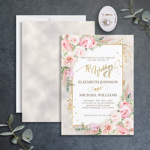 Pink Peony Floral Gold Script  Frame Invitation