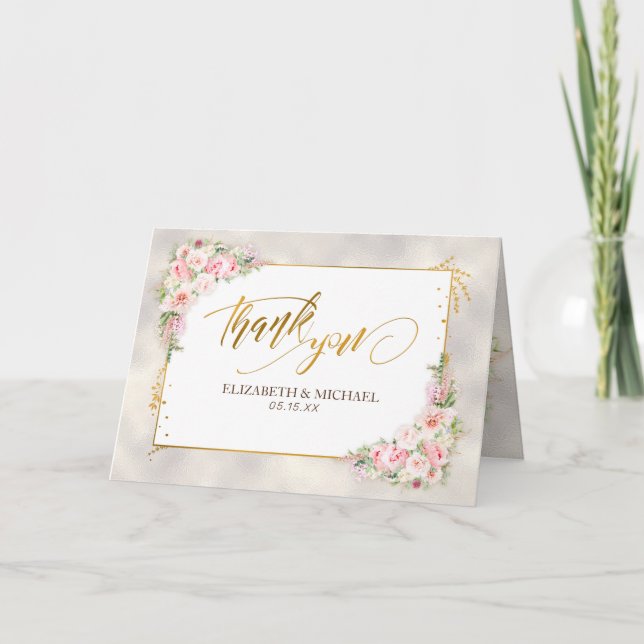 Pink Peony Floral Gold Script & Frame Thank You Card (Front)