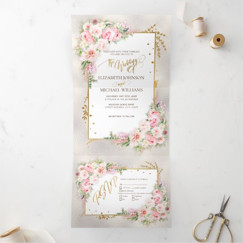 Pink Peony Floral Gold Script  Frame Tri_Fold Invitation