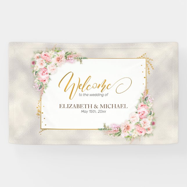 Pink Peony Floral Gold Script & Frame Wedding Banner (Horizontal)