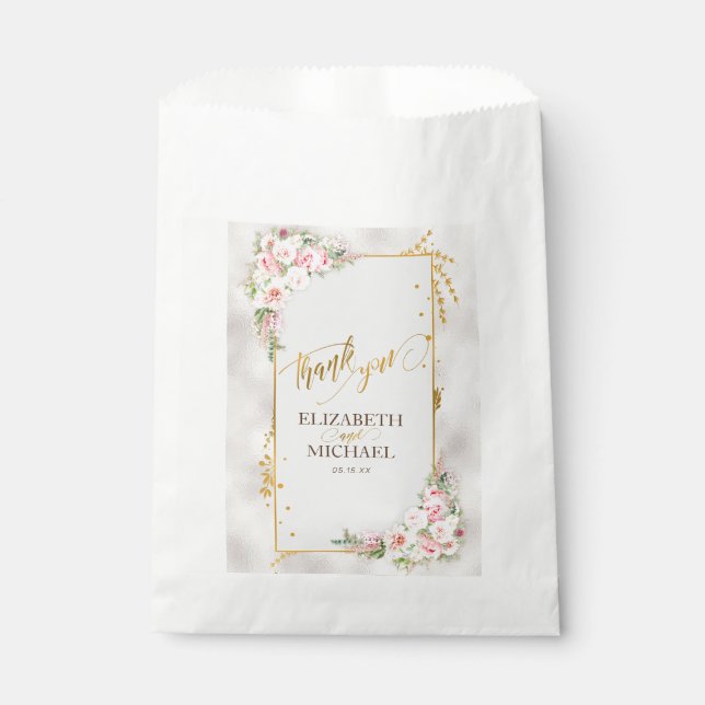 Pink Peony Floral Gold Script & Frame Wedding Favor Bag (Front)