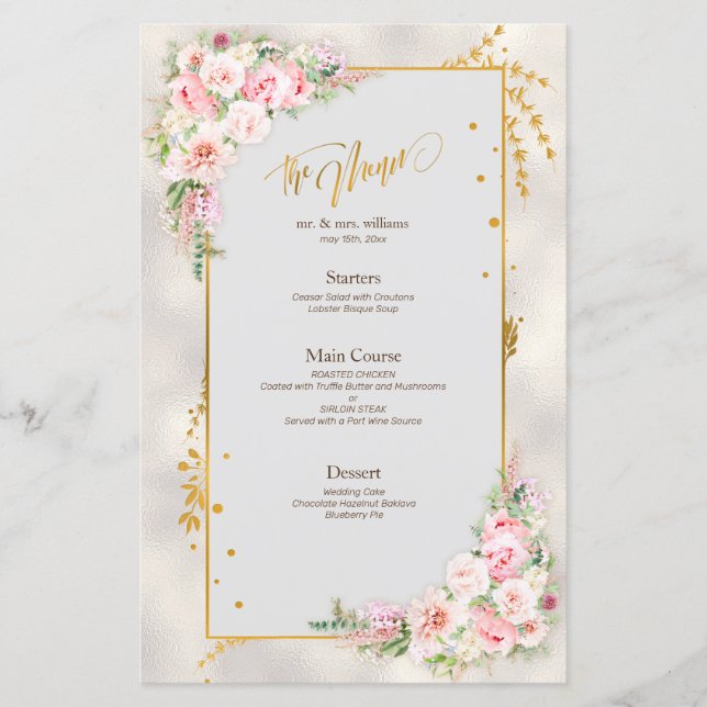 Pink Peony Floral Gold Script & Frame Wedding Menu (Front)