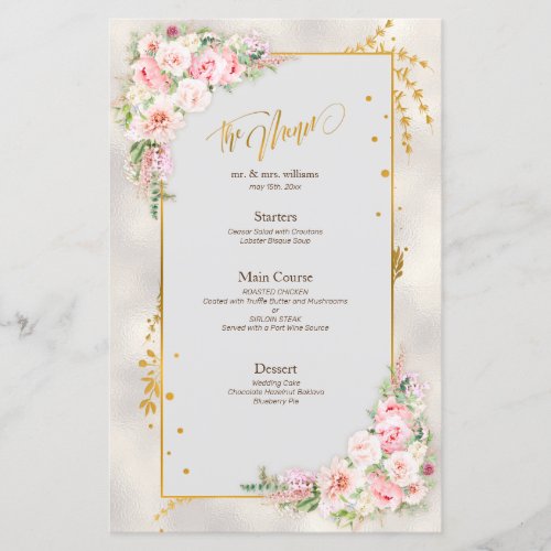 Pink Peony Floral Gold Script  Frame Wedding Menu