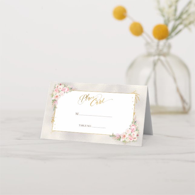 Pink Peony Floral Gold Script & Frame Wedding Place Card (Front)
