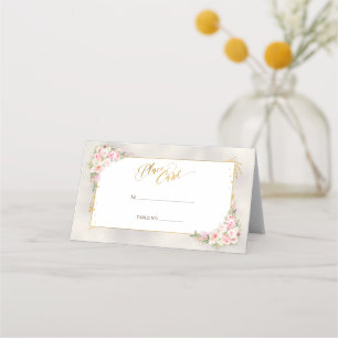 Pink Peony Floral Gold Script & Frame Wedding Place Card