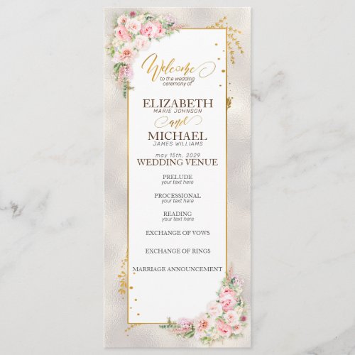 Pink Peony Floral Gold Script  Frame Wedding Program