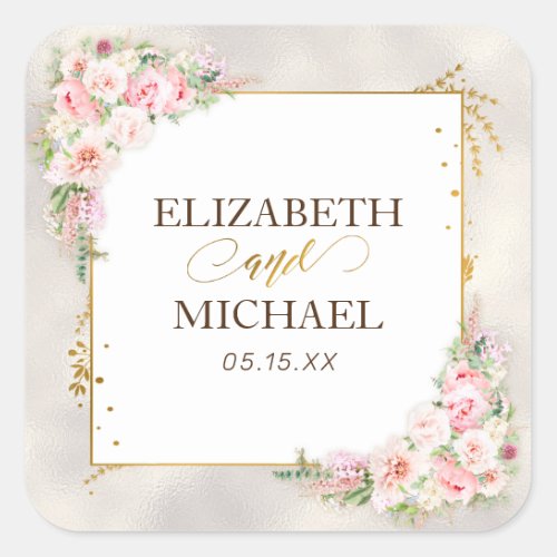 Pink Peony Floral Gold Script  Frame Wedding Square Sticker