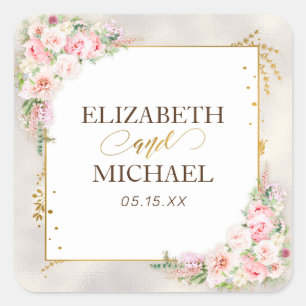 Pink Peony Floral Gold Script & Frame Wedding Square Sticker