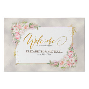 Pink Peony Floral Gold Script & Frame Welcome Faux Canvas Print