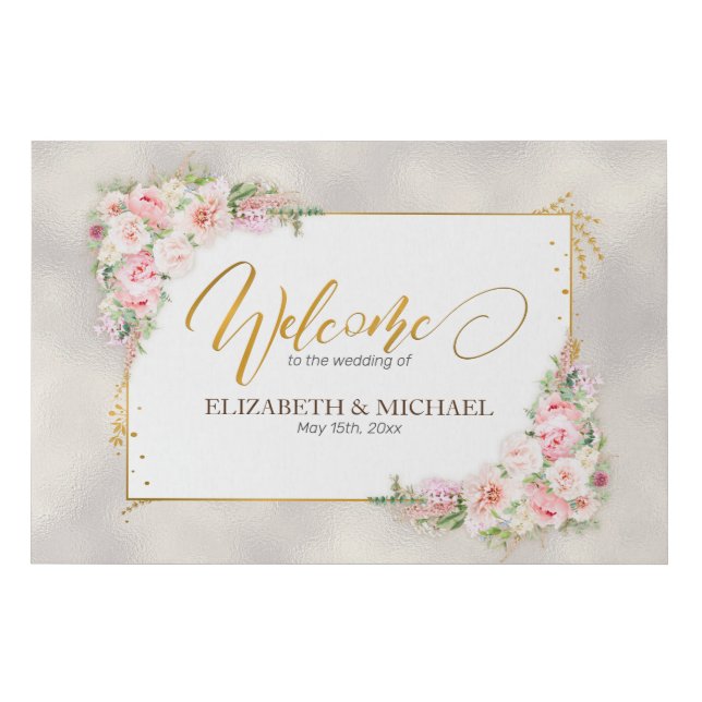 Pink Peony Floral Gold Script & Frame Welcome Faux Canvas Print (Front)