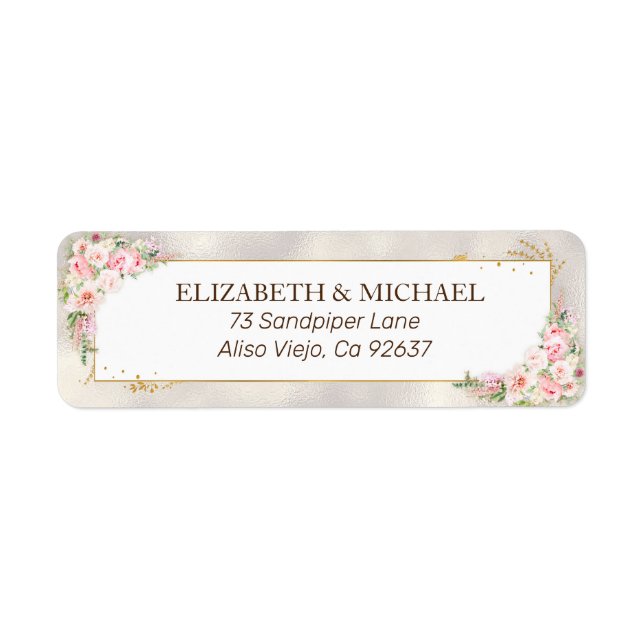 Pink Peony Floral Gold Script Return Address Label (Front)