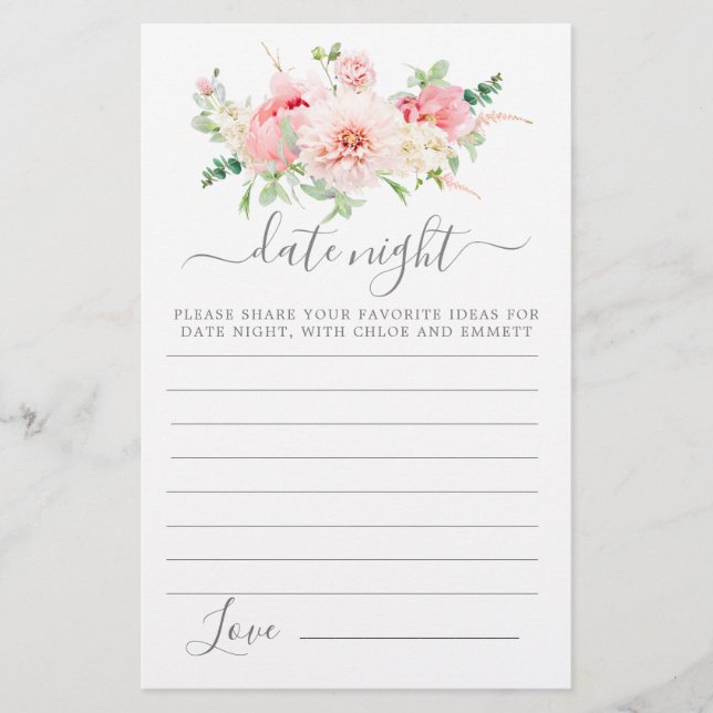 Pink Peony Floral Greenery Date Night Card (Front)
