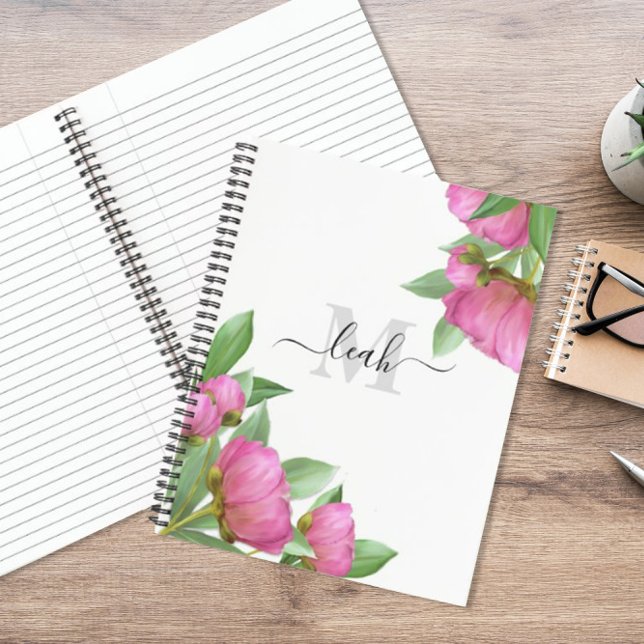 Pink Peony Floral Monogram Notebook Elegant Person (Creator Uploaded)