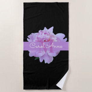 Pink Peony Floral Monogram Purple Black Beach Towel