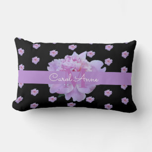 Pink Peony Floral  Monogram Purple Black Lumbar Pillow