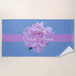 Pink Peony Floral Monogram Purple Blue Beach Towel