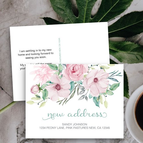 Pink Peony Floral My New Address Announcement Postcard