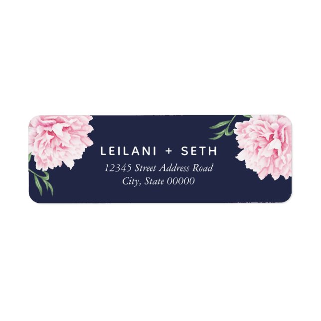 Pink Peony Floral Navy Background | Wedding Label (Front)