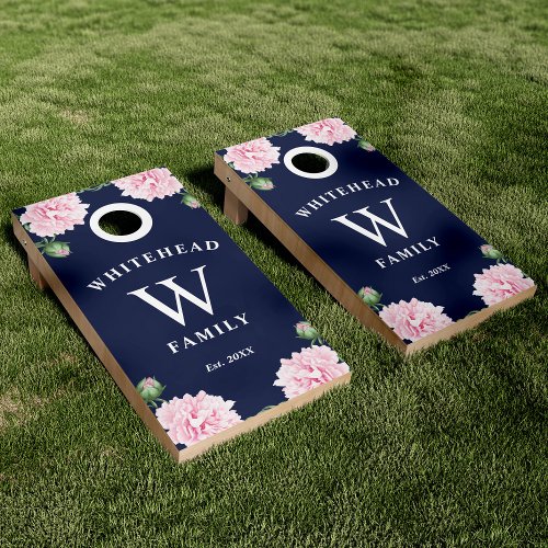 Pink Peony Floral Navy Blue Monogram Cornhole Set