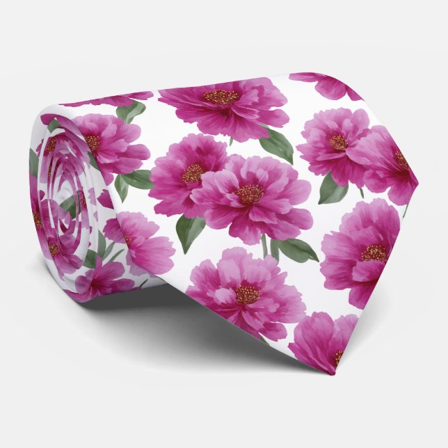 Pink Peony Floral Pattern Neck Tie (Rolled)