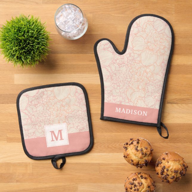 Pink Peony Floral Pattern Oven Mitt & Pot Holder Set (Top Down)