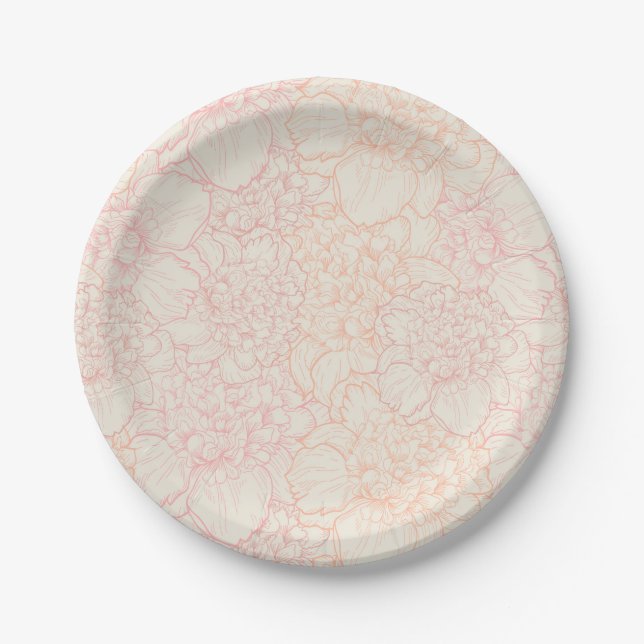 Pink Peony Floral Pattern Paper Plates (Front)