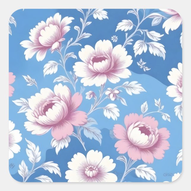 Pink peony floral pattern square sticker (Front)