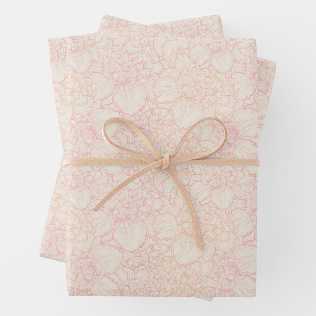Pink Peony Floral Pattern Wrapping Paper Sheets (In situ)