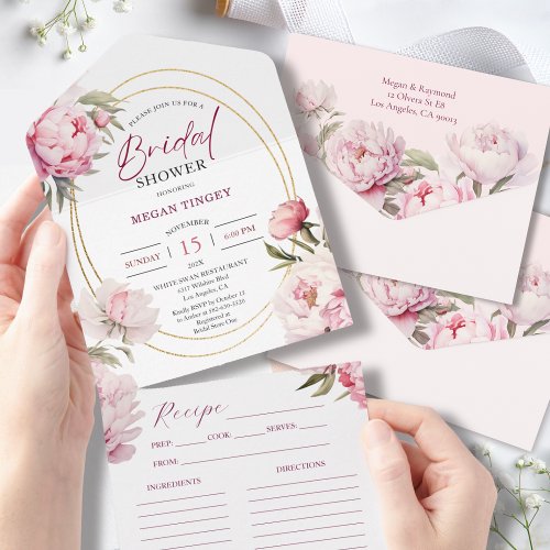 Pink Peony Floral Recipe Bridal Shower  All In One Invitation