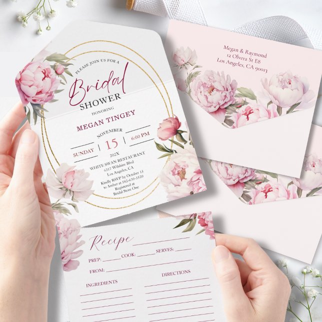 Pink Peony Floral Recipe Bridal Shower  All In One Invitation (Creator Uploaded)