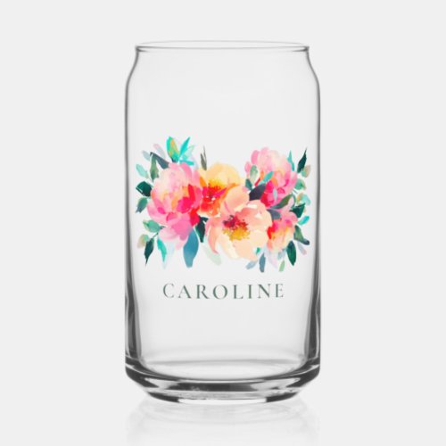 Pink Peony Floral Watercolor Bridal Shower Custom Can Glass
