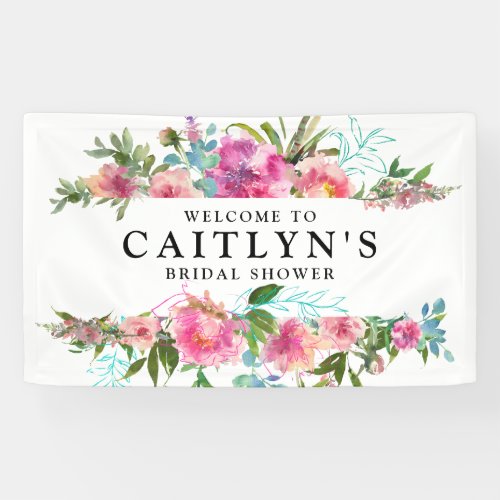 Pink Peony Floral Watercolor Bridal Shower Welcome Banner