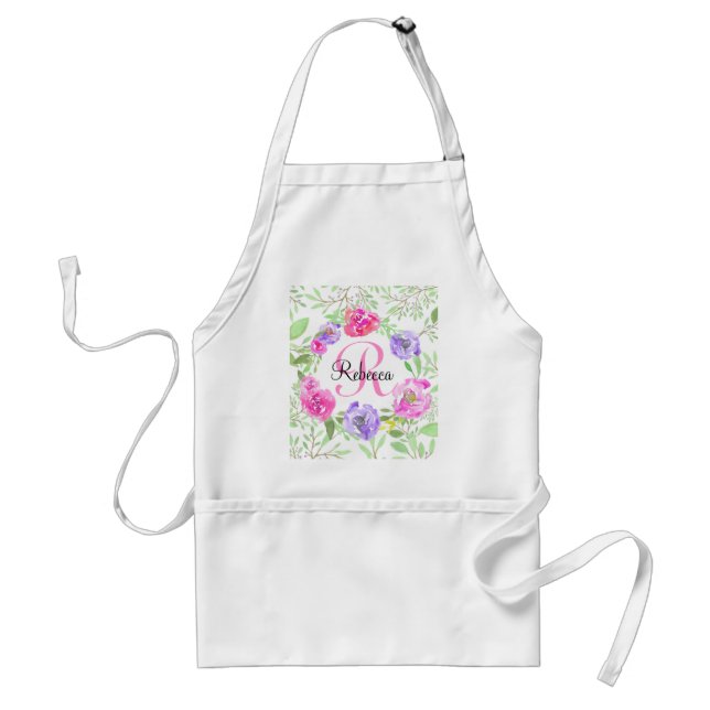 Pink Peony Floral Watercolor Monogram Adult Apron (Front)
