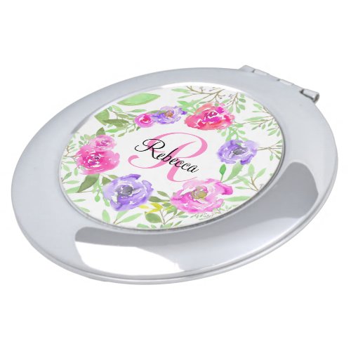 Pink Peony Floral Watercolor Monogram Bridesmaid Compact Mirror