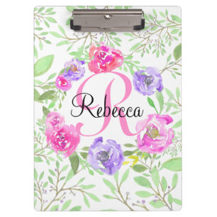 Pink Peony Floral Watercolor Monogram Clipboard