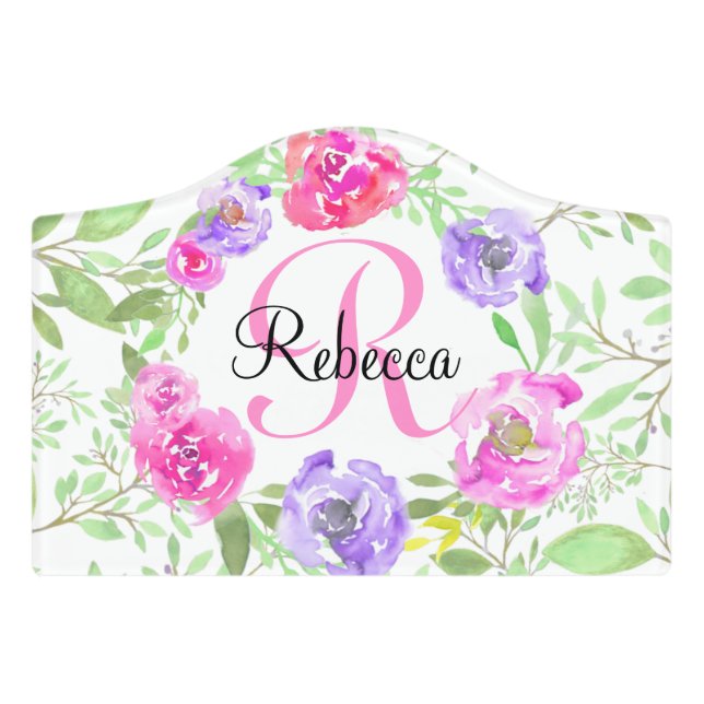 Pink Peony Floral Watercolor Monogram Door Sign (Small Crest Front)