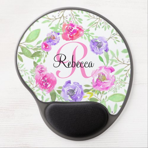 Pink Peony Floral Watercolor Monogram Gel Mouse Pad