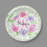 Pink Peony Floral Watercolor Monogram Paper Plates