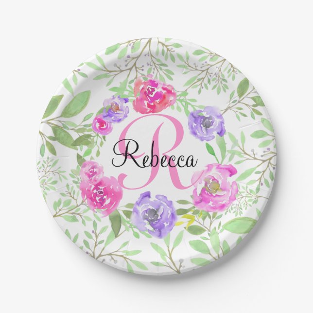 Pink Peony Floral Watercolor Monogram Paper Plates (Front)