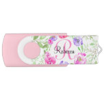 Pink Peony Floral Watercolor Monogram USB Flash Drive