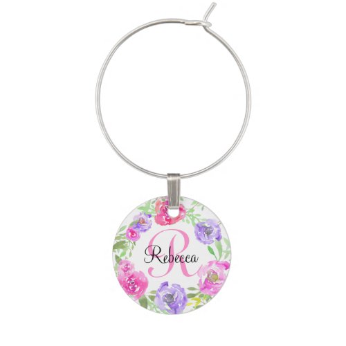 Pink Peony Floral Watercolor Monogram Wine Glass Charm