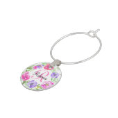 Pink Peony Floral Watercolor Monogram Wine Glass Charm (Side)