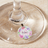 Pink Peony Floral Watercolor Monogram Wine Glass Charm (In Situ)