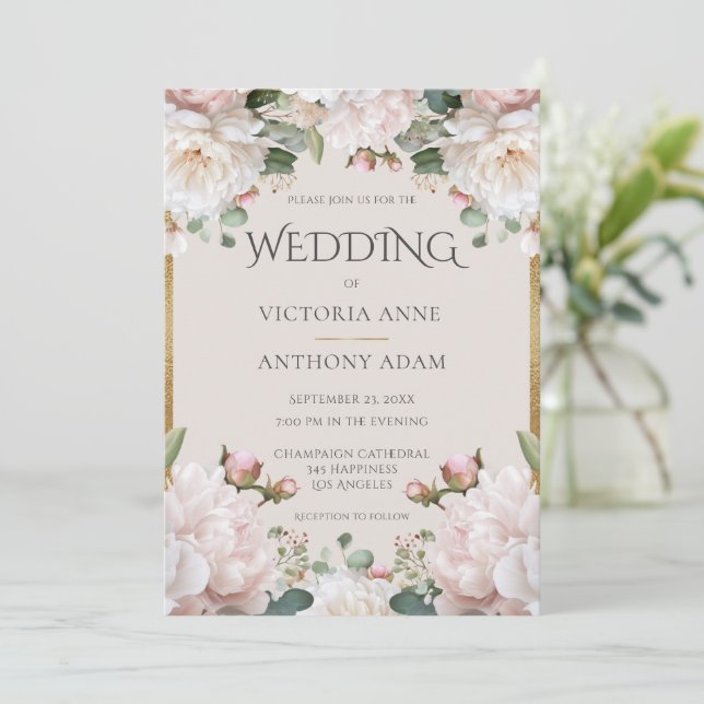 Pink Peony Floral Watercolor Wedding  Invitation (Standing Front)