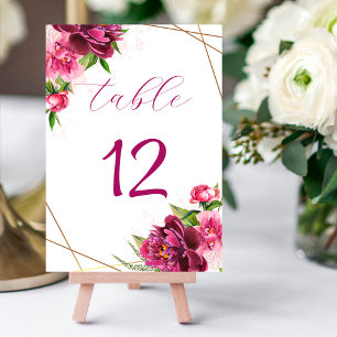 Pink Peony Floral Wedding Table Number