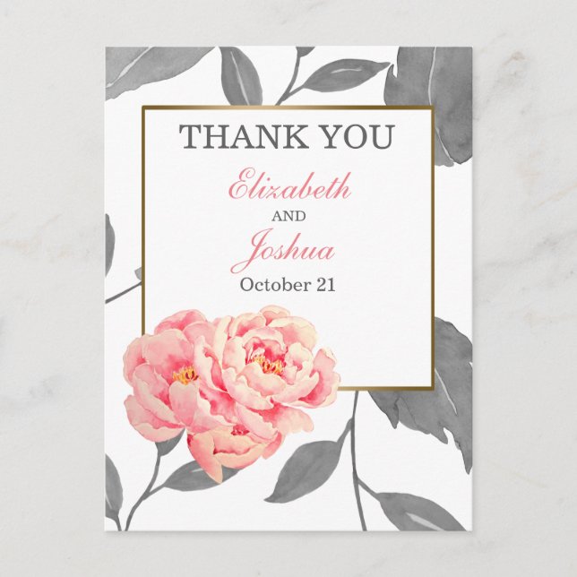 PINK PEONY FLORAL WEDDING Thank You Postcard (Front)